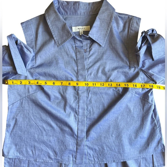 Milly Cold Shoulder Blue Shirt with Bow Short Sleeves – Women’s Size 6 - Picture 3 of 4